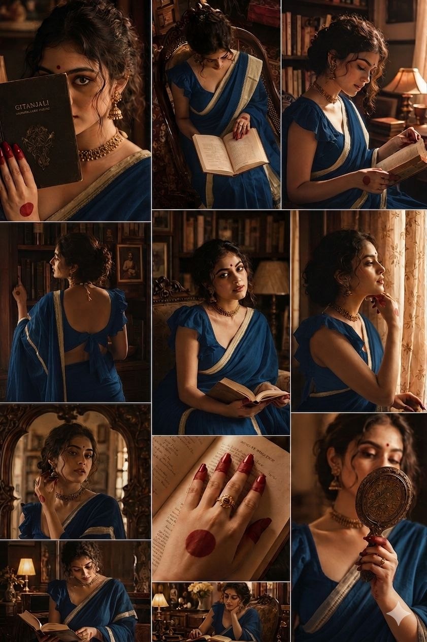Vintage Literary Reflections in Warm Tones Blue Saree Prompt